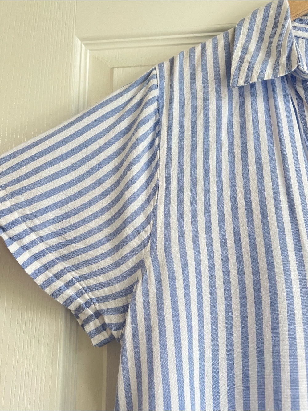 Sincerely Jules Light Blue White Striped Shirt Dress L Coastal Ruffle Preppy - Picture 5 of 8